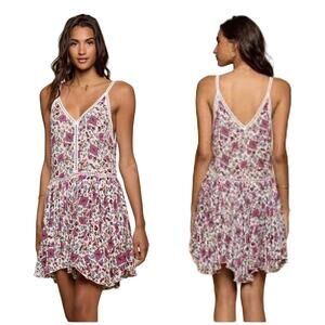 Raga  Boho Crochet Trim V Neck Back Summer Bloom Short Dress S